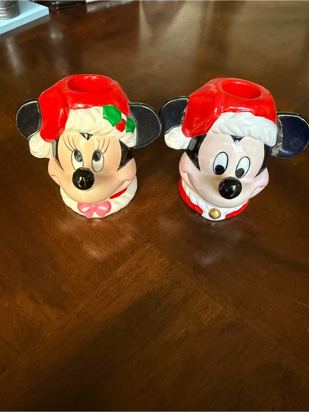 Vintage Mickey & Minnie Holiday Ceramic Head Candle Holders - Red, Black, White